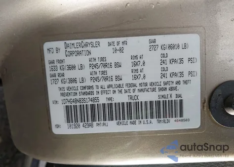 2003 Dodge Dakota Slt из США, поврежденный, VIN 1D7HG48N83S174855